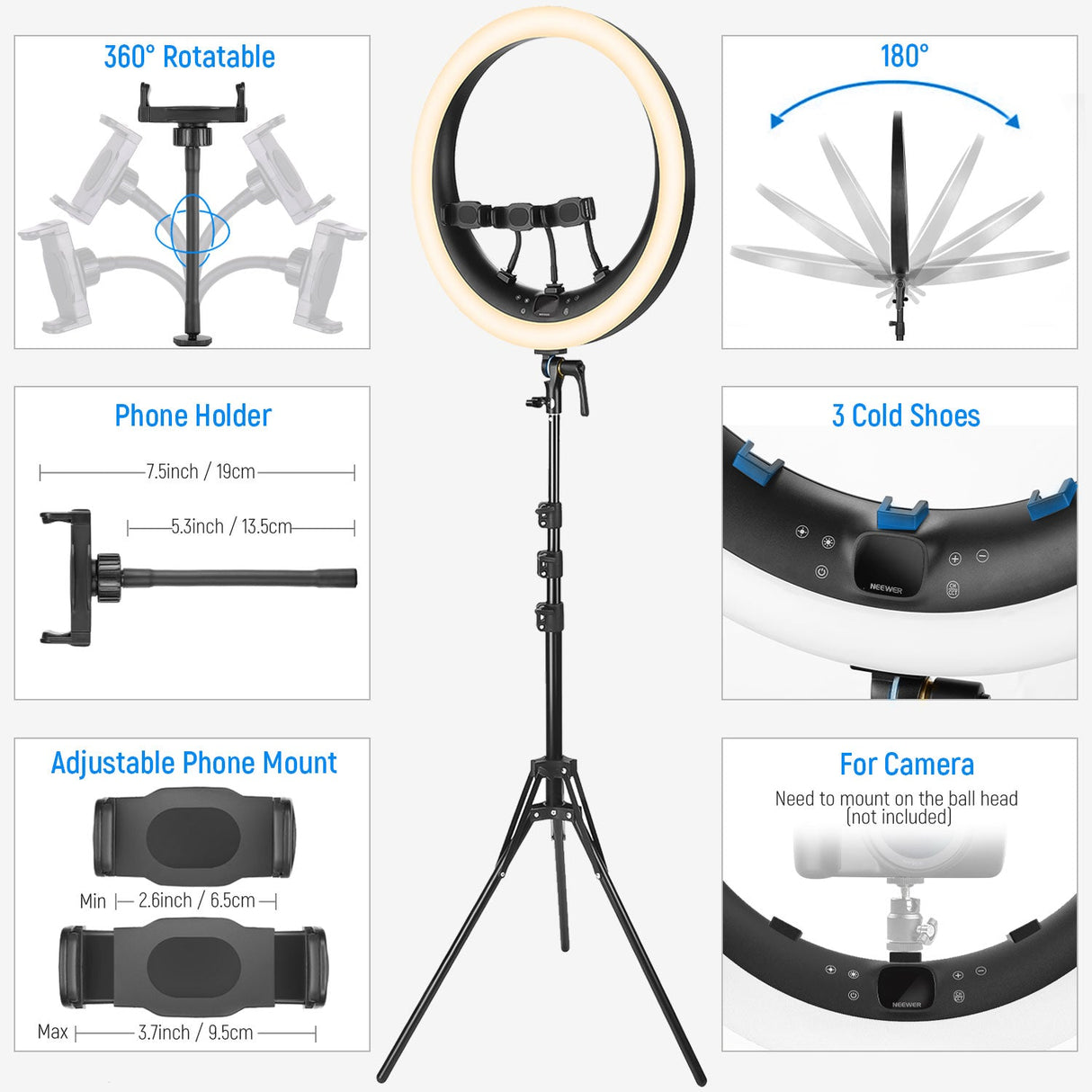 NEEWER RP18H 19 Inch LED Ring Light With 3 Phone Holders