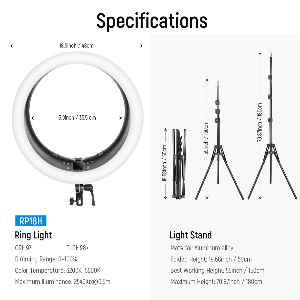 NEEWER RP18H 19 Inch LED Ring Light With 3 Phone Holders