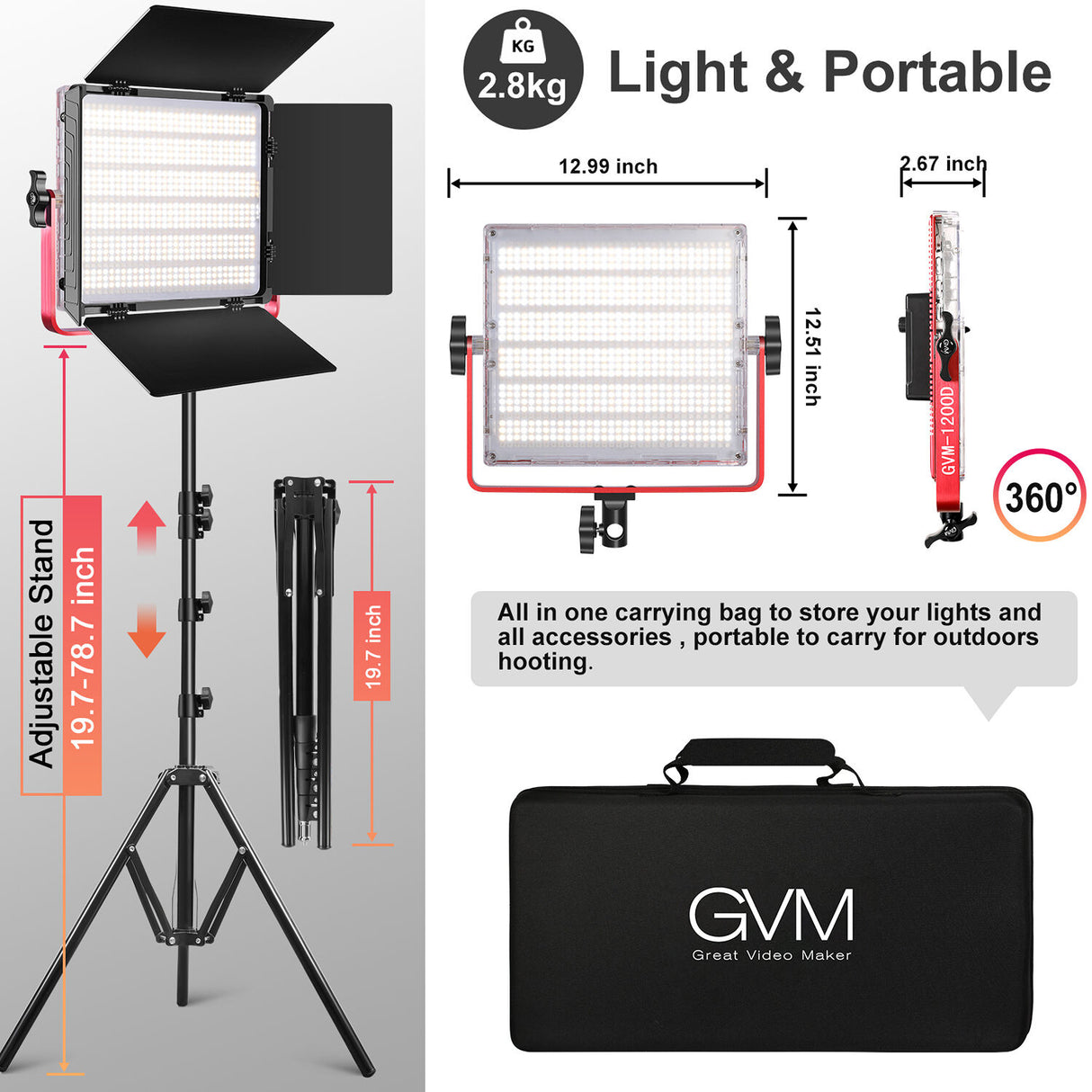 GVM RGB LED Studio Video Light Bi-Color Soft 3-Light Panel Kit
