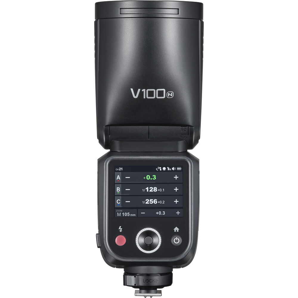 Godox V100S round head flash, side view
