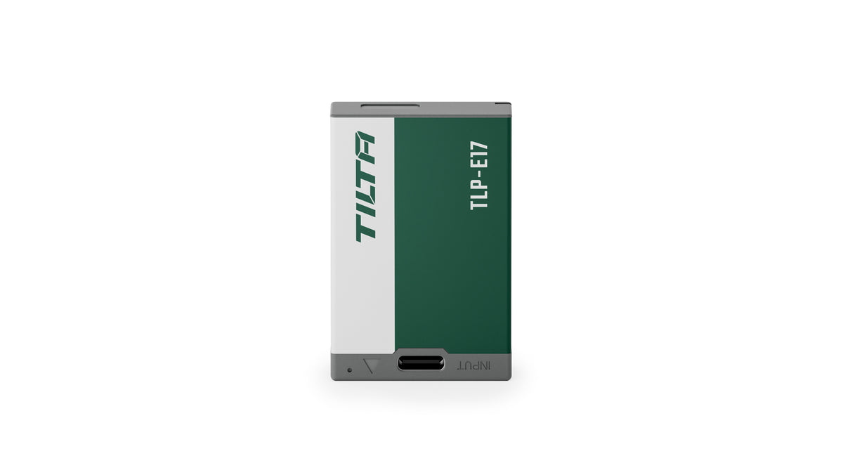 Tilta TLP-E17-FG LP-E17 battery in Forest Green, front view showing the TILTA and TLP-E17 markings and the USB-C input