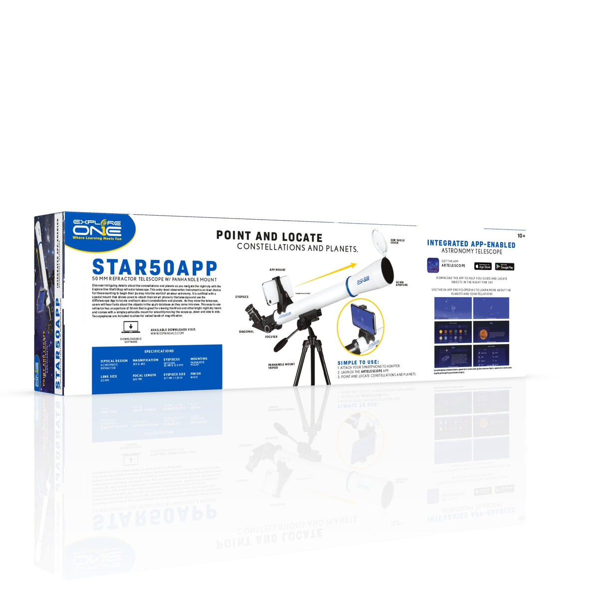 Explore One STAR50APP - 50mm Refractor Telescope w/ Panhandle Mount and Astronomy APP