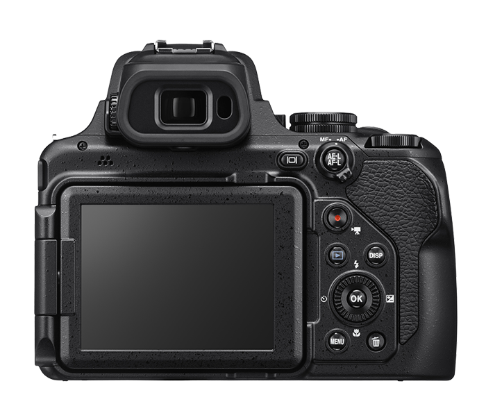 Nikon COOLPIX P1100 rear view showing 3.2-inch vari-angle LCD and OLED electronic viewfinder