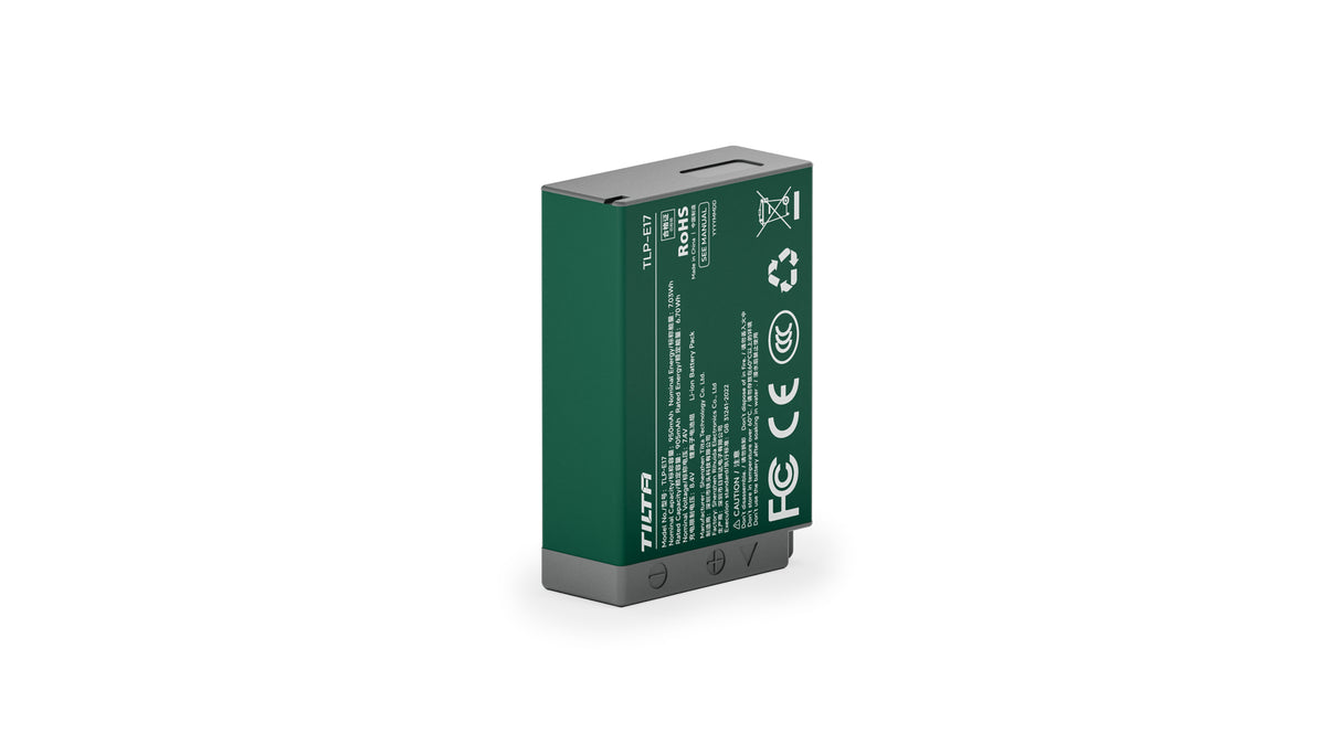 Tilta TLP-E17-FG LP-E17 battery in Forest Green, rear view showing the specification and safety certification label