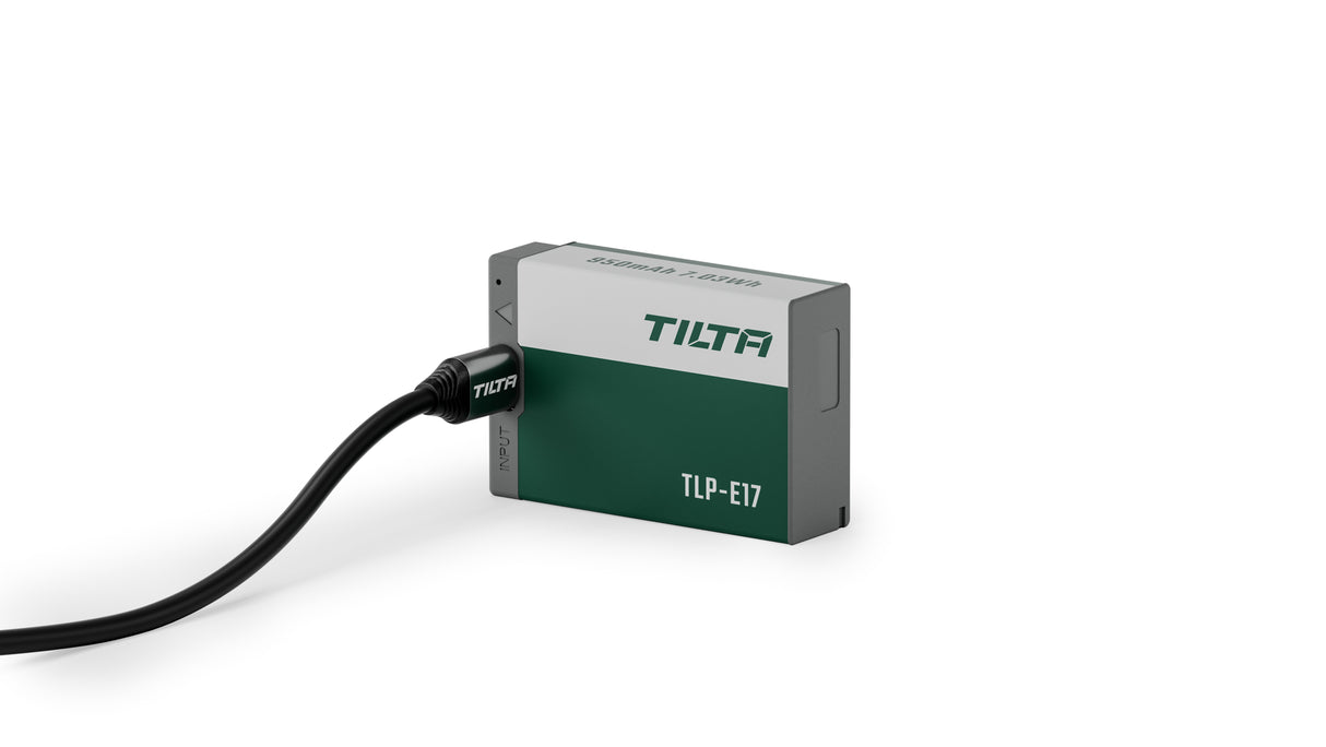 Tilta TLP-E17-FG LP-E17 battery in Forest Green charging directly through its USB-C port