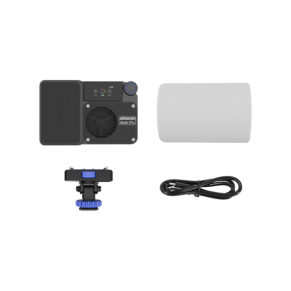 amaran Ace 25c Charcoal with the included dome diffuser, Ace Lock cold-shoe adapter and USB-C cable