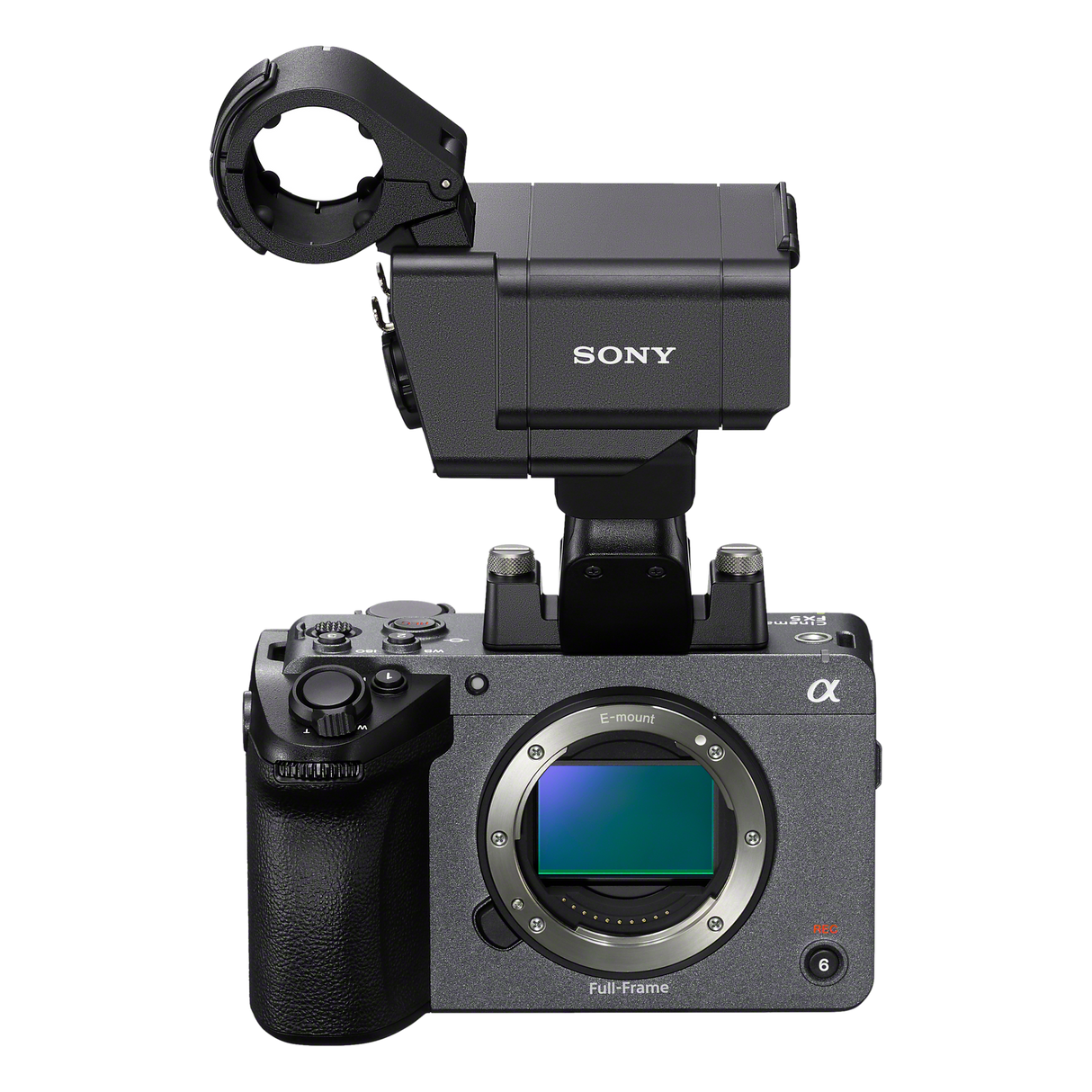 Sony FX5 cinema camera fitted with the XLR handle unit, front view
