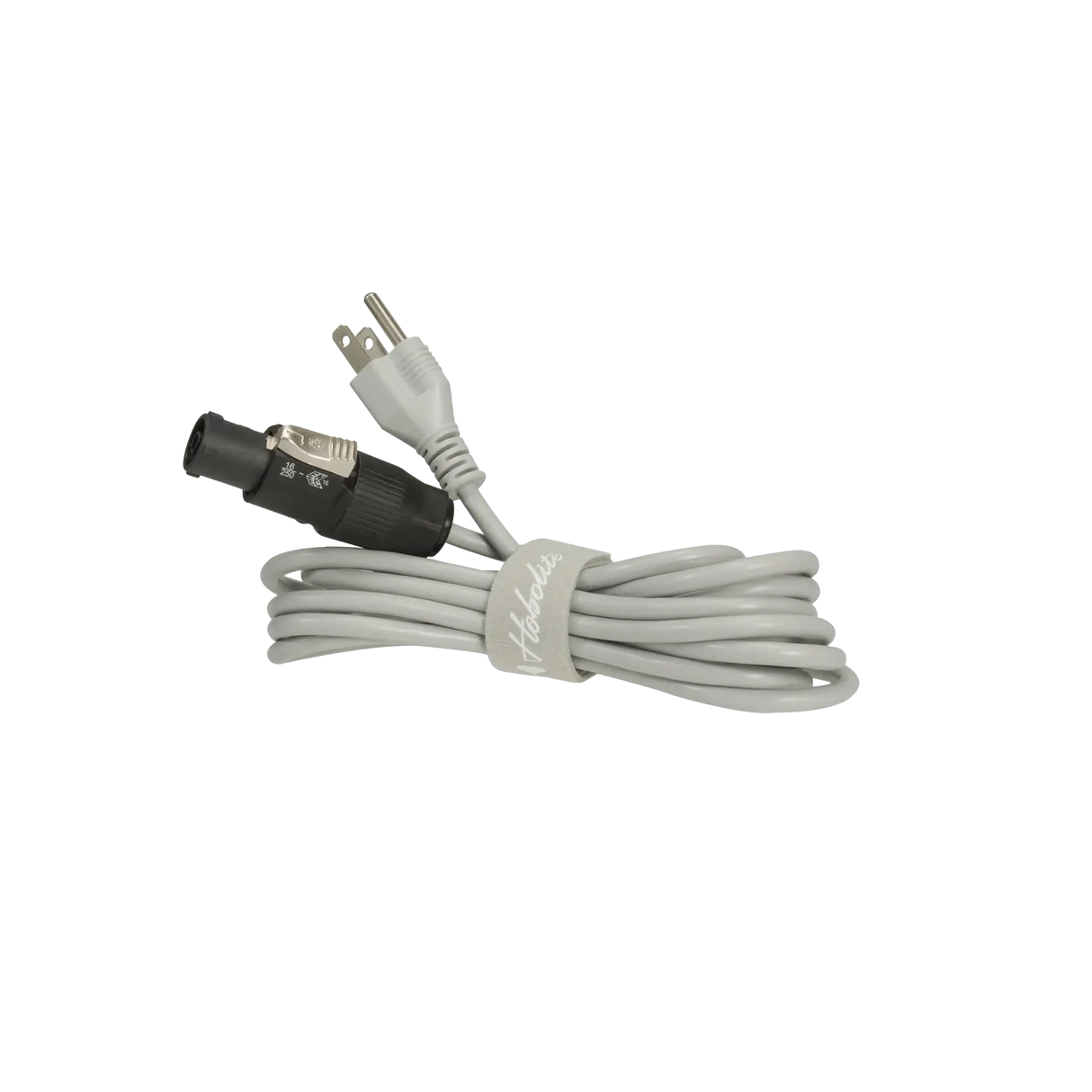 Hobolite Pro AC power cord with black XLR connector and white plug, secured with branded velcro strap.