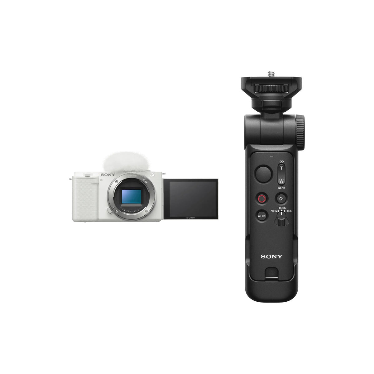 Bundle - Sony ZV-E10 (Body Only, White) and GP-VPT3 Shooting Grip with Wireless Remote (Black)