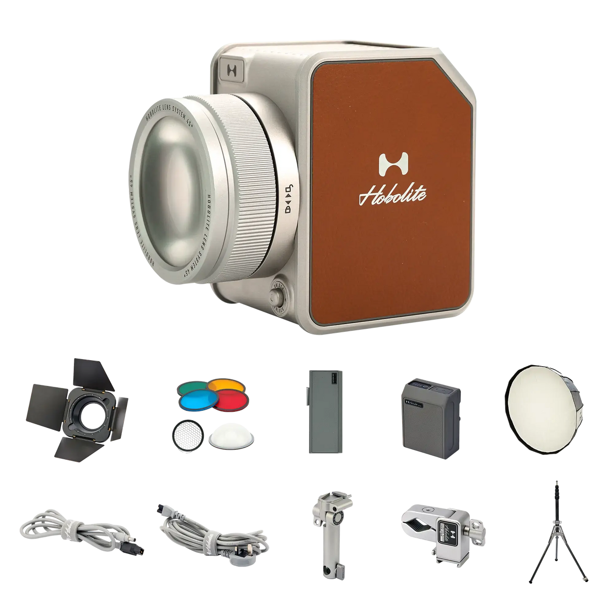 Hobolite Avant 100W LED kit with light, barn doors, gels, diffuser, battery, cables, mount, tripod.