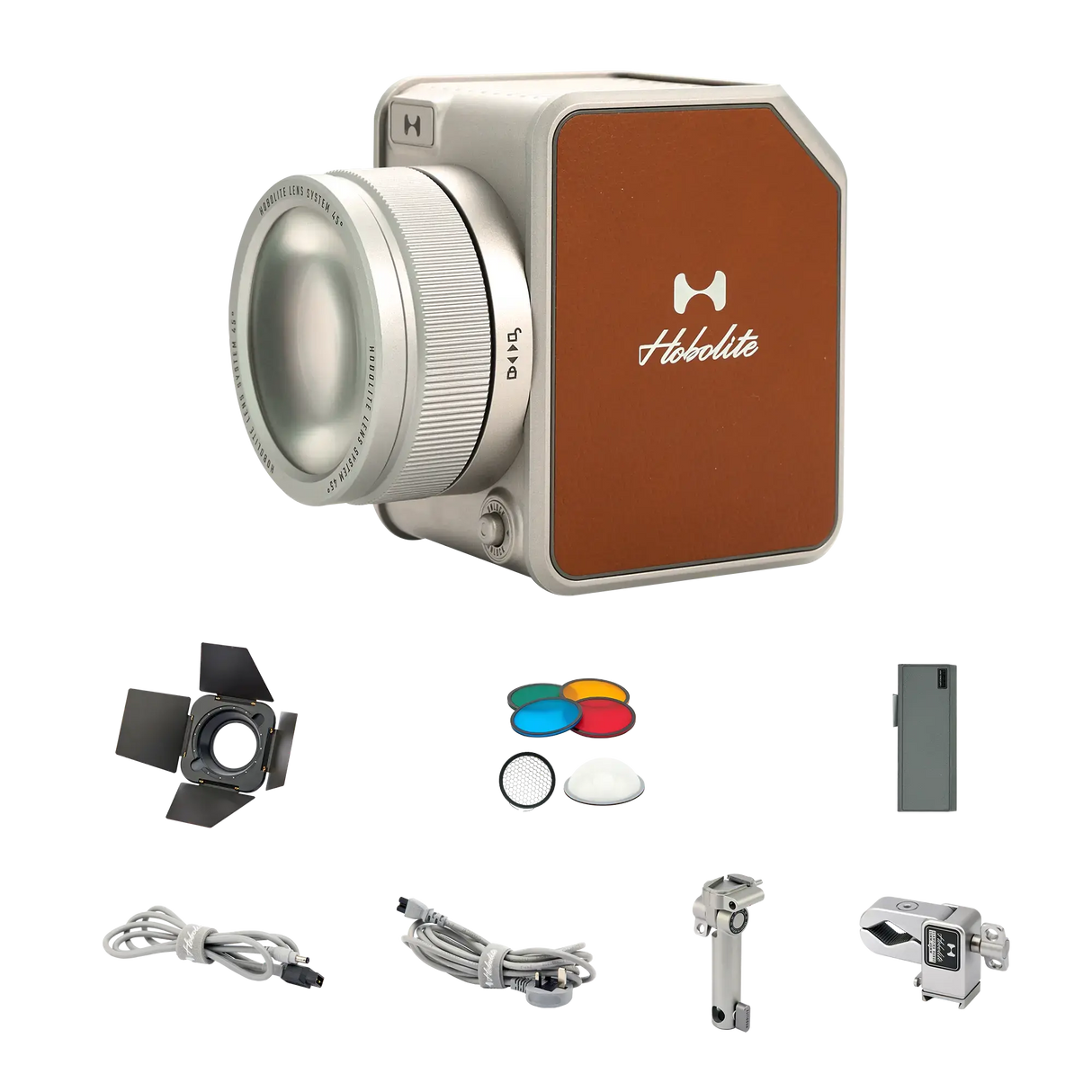 Hobolite Avant 100W Bi-Color LED kit with light, barn doors, gels, diffuser, battery, mount, and cables.