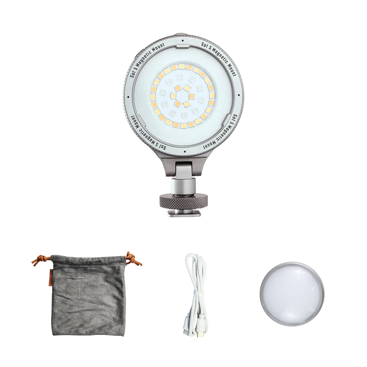 Harlowe Sol 5 Spectra RGBCW portable LED light with magnetic mount, gray pouch, white charging cable, and diffuser.