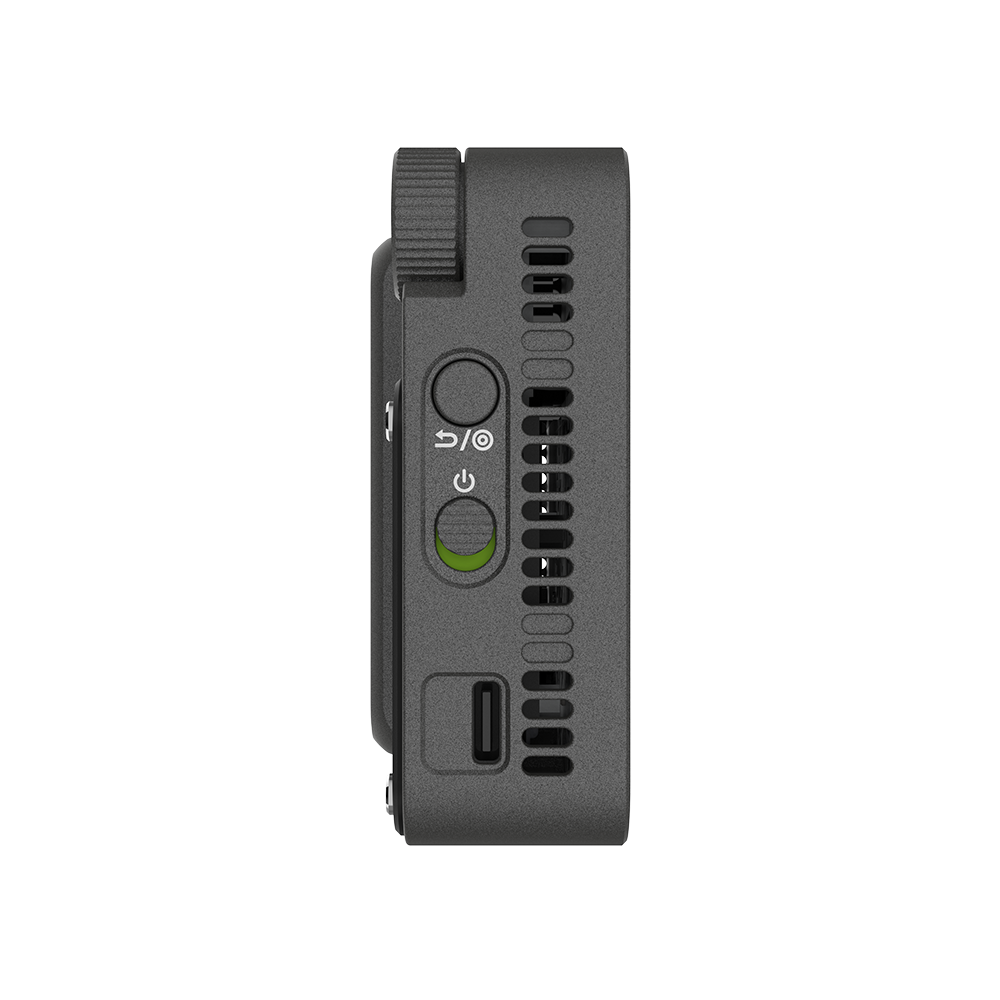 amaran Ace 25c Charcoal side view showing power button, back button and USB-C charging port