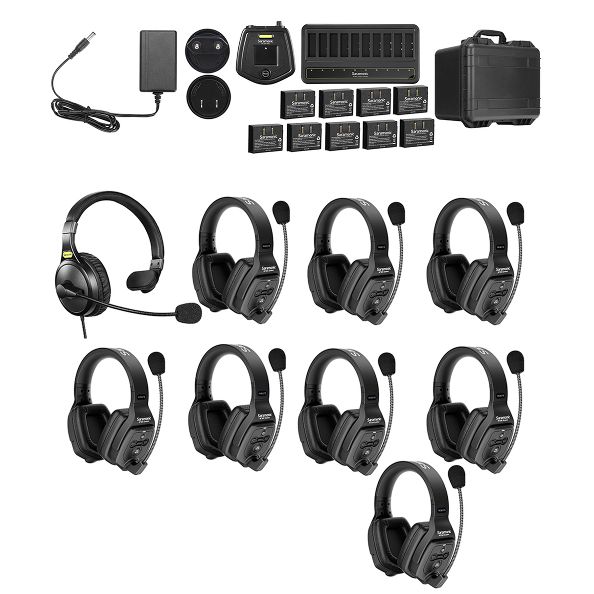 WiTalk-WT9D 9-Person Full-Duplex 1.9GHz Wireless Dual-Ear Headset Intercom System with Hub & Case
