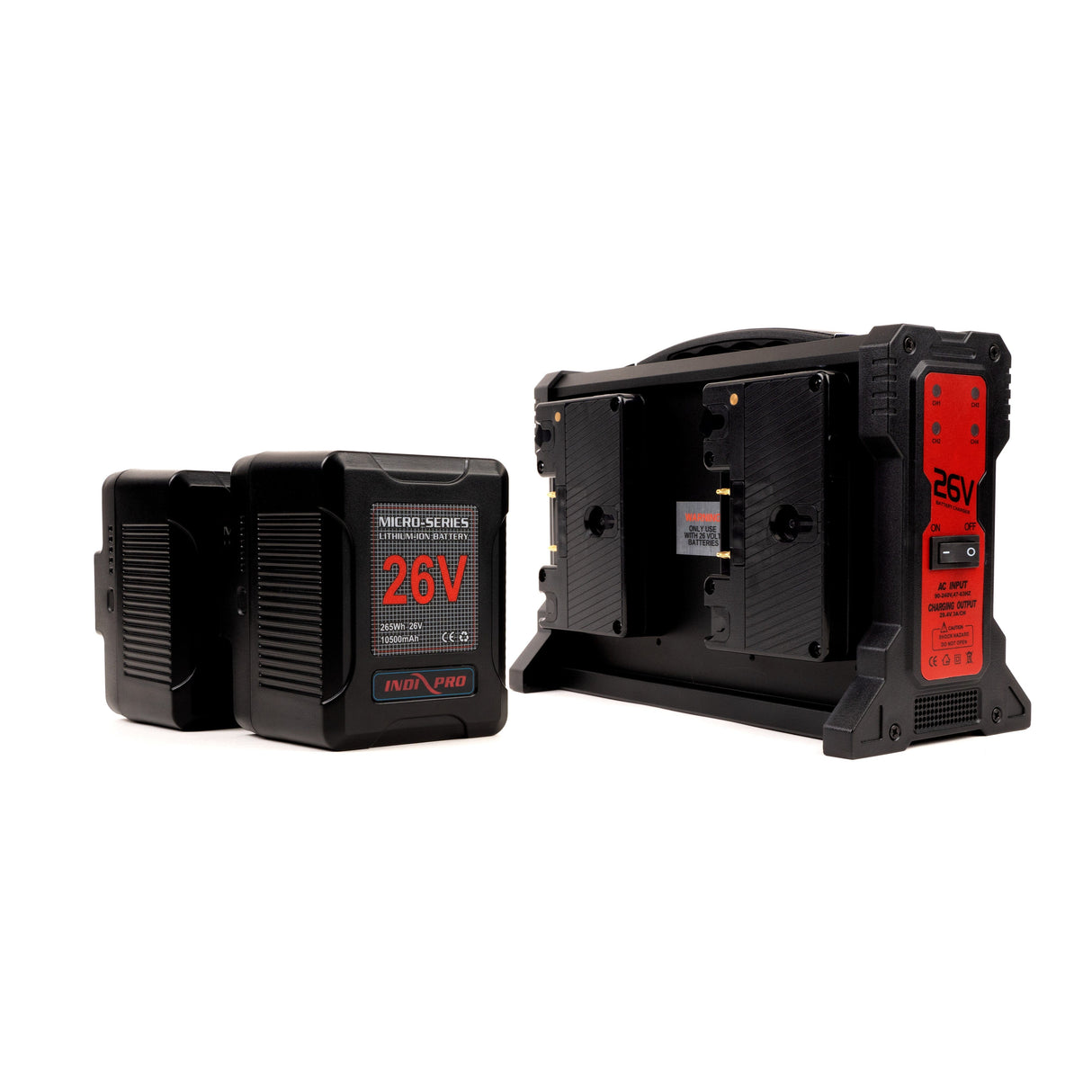 Indipro 2x Micro-Series 26V 265Wh Gold Mount Li-Ion Batteries and 26V Gold Mount Quad Charger Kit