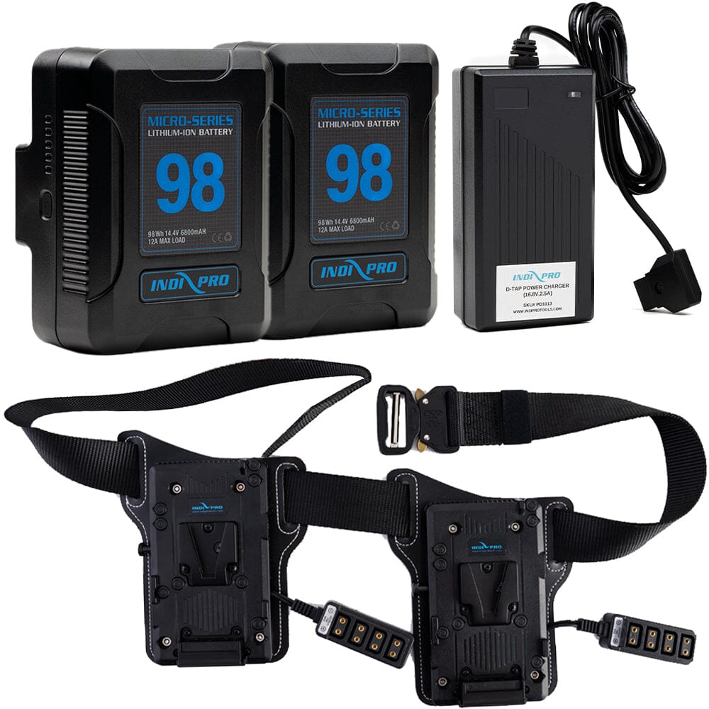 Indipro 2x Micro Series 98Wh Gold Mount Battery, Dual Charger & Dual Gold Mount Battery Belt Bundle