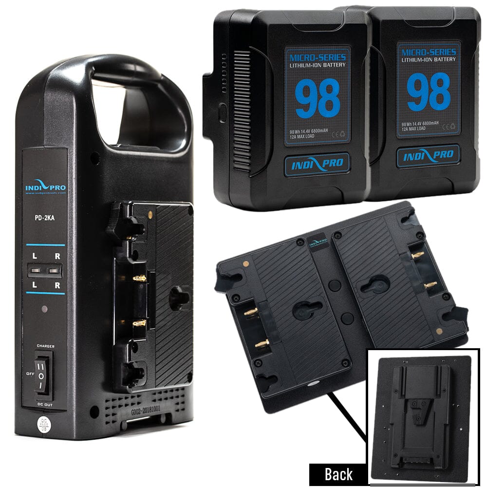 Indipro 2x Micro Series 98Wh Gold Mount Battery, Dual Charger & Dual Gold Mount Plates to V-Mount Lock Plate Bundle