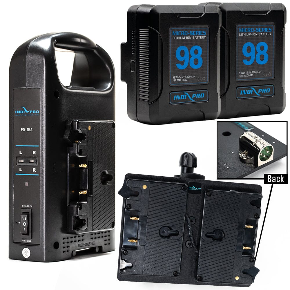 Indipro 2x Micro Series 98Wh Gold Mount Battery, Dual Charger & Dual Gold Mount Plates w/ 3-Pin XLR Connector