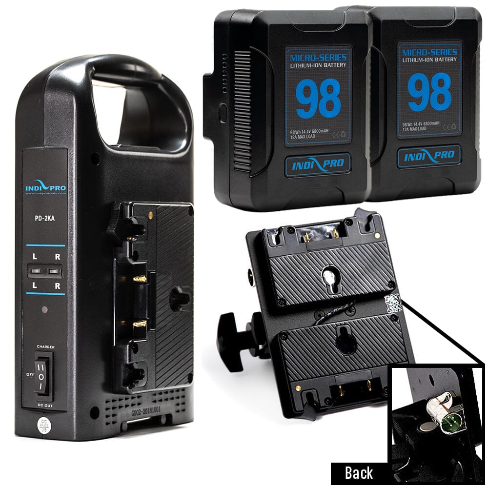 Indipro 2x Micro Series 98Wh Gold Mount Battery, Dual Charger & Dual Gold Mount Plates w/ 4-Pin XLR Connector Bundle