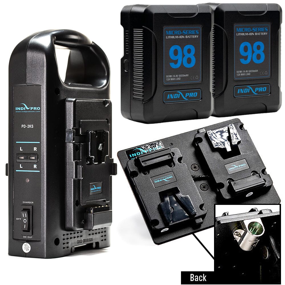 Indipro 2x Micro Series 98Wh V-Mount Battery, Dual Charger & Dual V-Mount Plates w/ 4-Pin XLR Connector Bundle