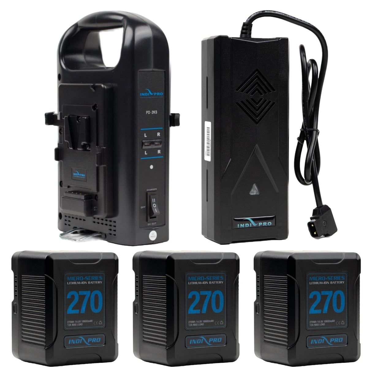 Indipro 3x Micro-Series 270Wh V-Mount Li-Ion Batteries, Dual V-Mount Battery Charger and D-Tap to Pro Battery Supercharger Kit