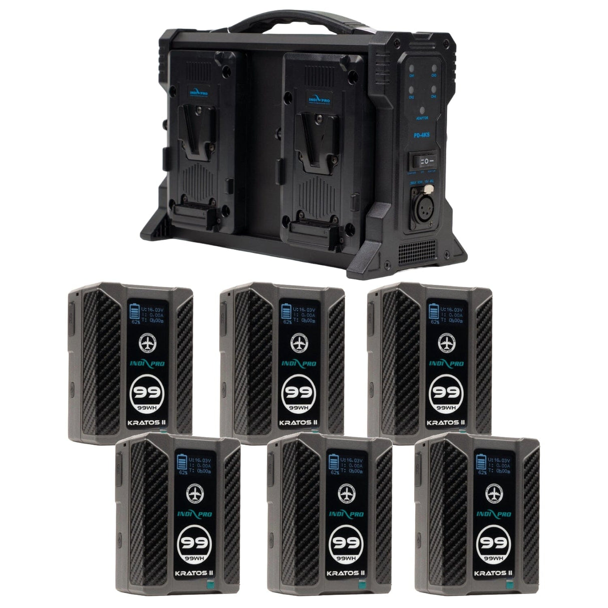Indipro 6x Kratos 99Wh V-Mount Li-Ion Batteries and Quad V-Mount Battery Charger Kit