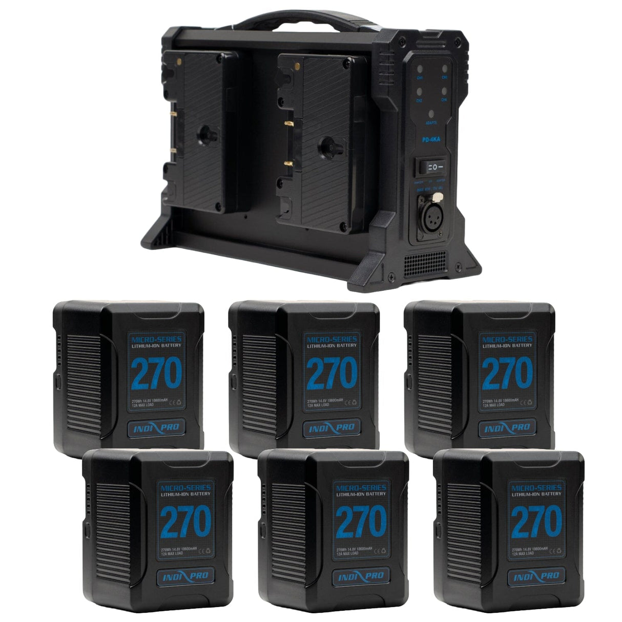 Indipro 6x Micro-Series 270Wh Gold Mount Li-Ion Batteries and Quad Gold Mount Battery Charger Kit