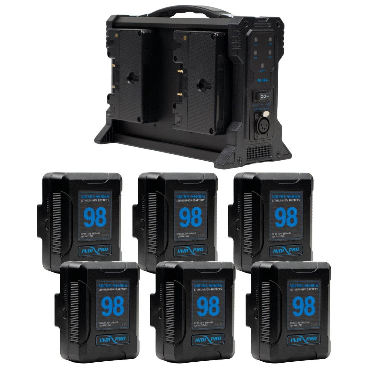 Indipro 6x Micro-Series 98Wh Gold-Mount Li-Ion Batteries and Quad Gold-Mount Battery Charger Kit