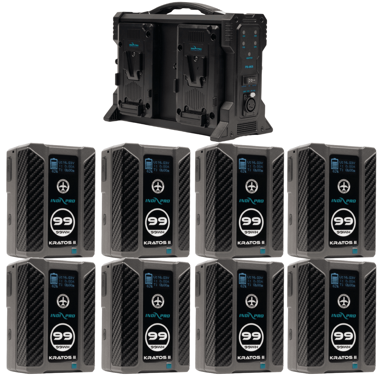 Indipro 8x Kratos 99Wh V-Mount Li-Ion Batteries and Quad V-Mount Battery Charger Kit