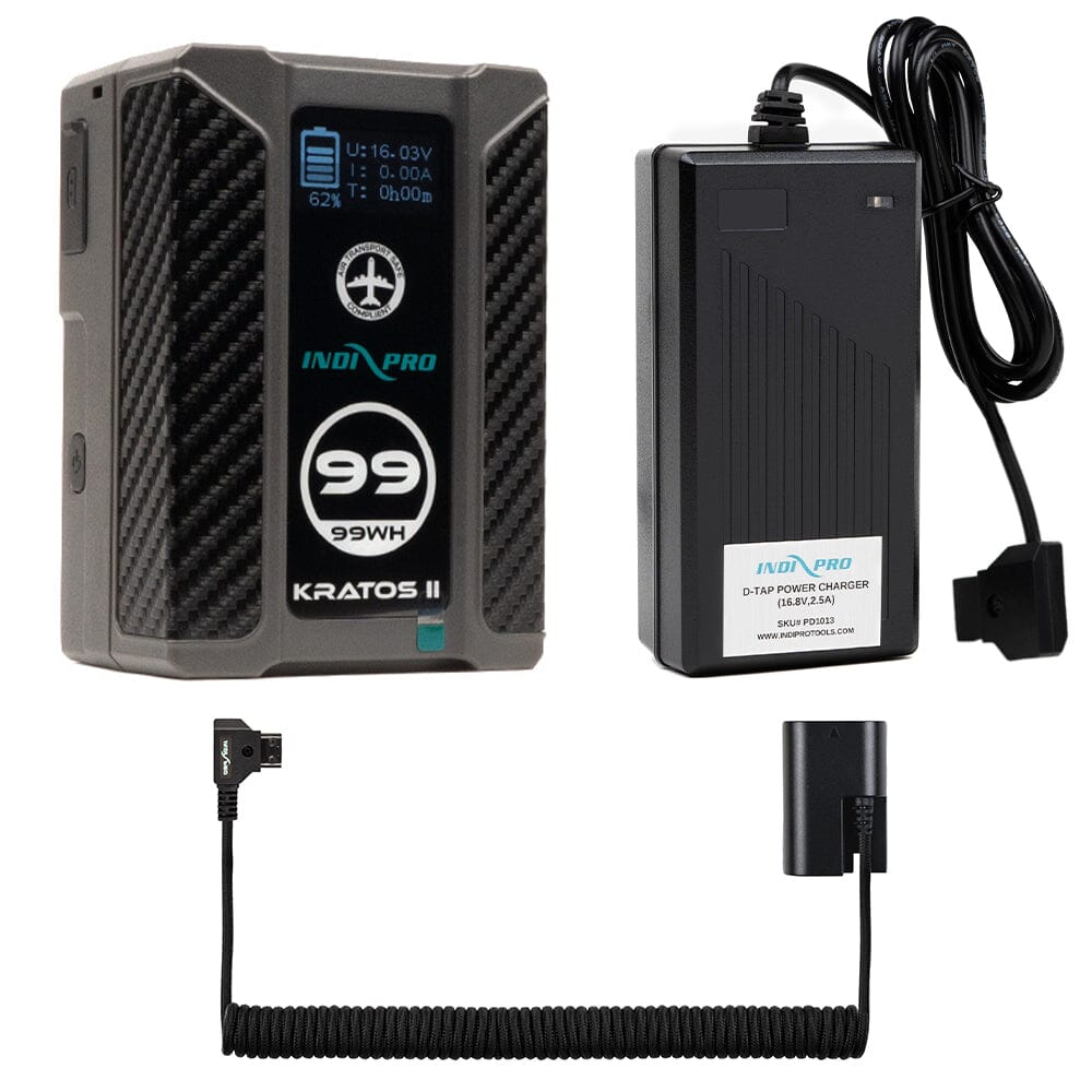 Indipro Kratos 99Wh V-Mount Battery, Charger & Braided Coiled D-Tap to Canon LP-E6 Battery Bundle