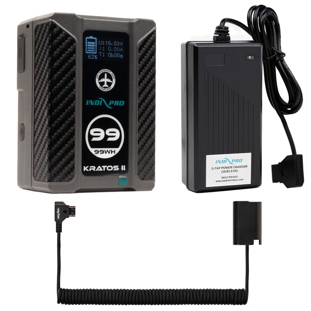 Indipro Kratos 99Wh V-Mount Battery, Charger & Braided Coiled D-Tap to Panasonic DMW-BLK22 Battery Bundle