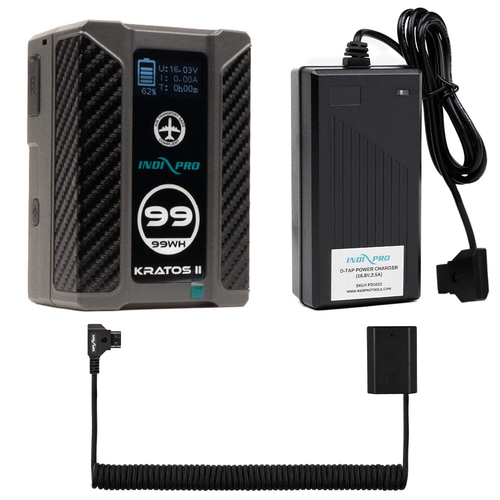 Indipro Kratos 99Wh V-Mount Battery, Charger & Braided Coiled D-Tap to Sony NP-FZ100 Battery Bundle