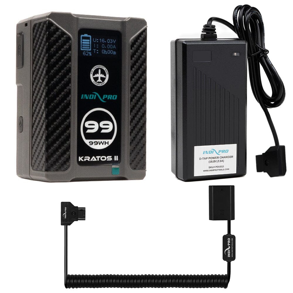 Indipro Kratos 99Wh V-Mount Battery, Charger & Coiled D-Tap to Sony NP-FZ100 Battery Bundle