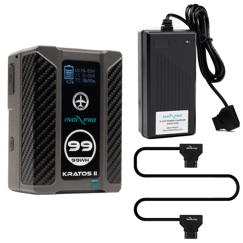 Indipro Kratos 99Wh V-Mount Battery, Charger & D-Tap Male to D-Tap Male Cable Bundle