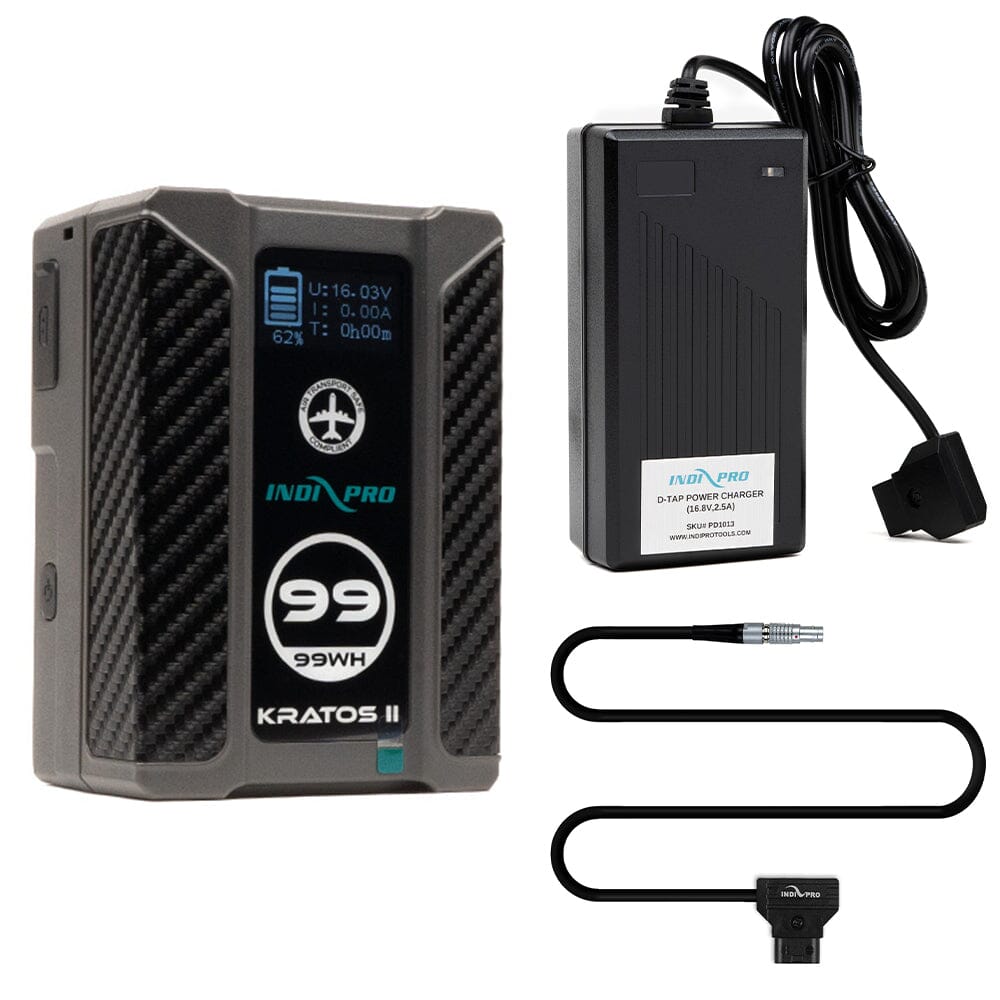 Indipro Kratos 99Wh V-Mount Battery, Charger & D-Tap to 2-Pin Lemo Bundle