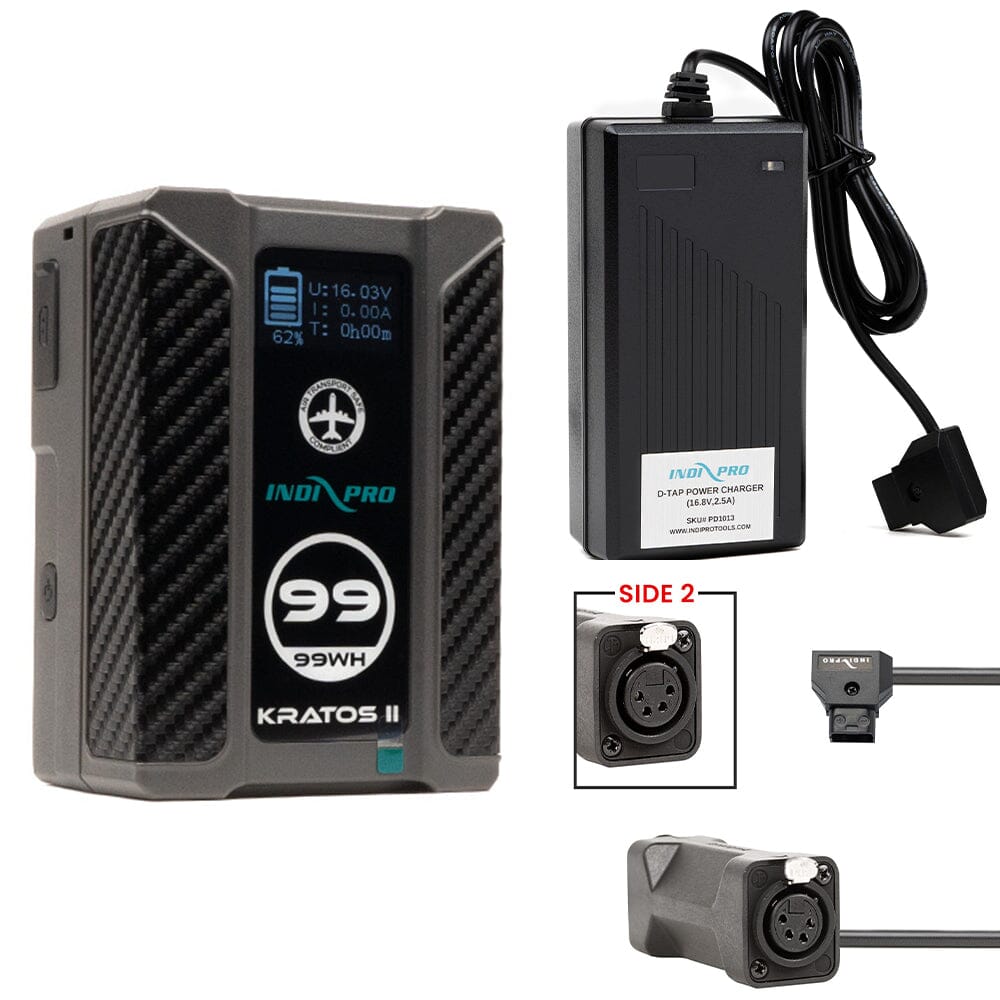 Indipro Kratos 99Wh V-Mount Battery, Charger & D-Tap to Dual 4-Pin Female XLR Connectors Bundle