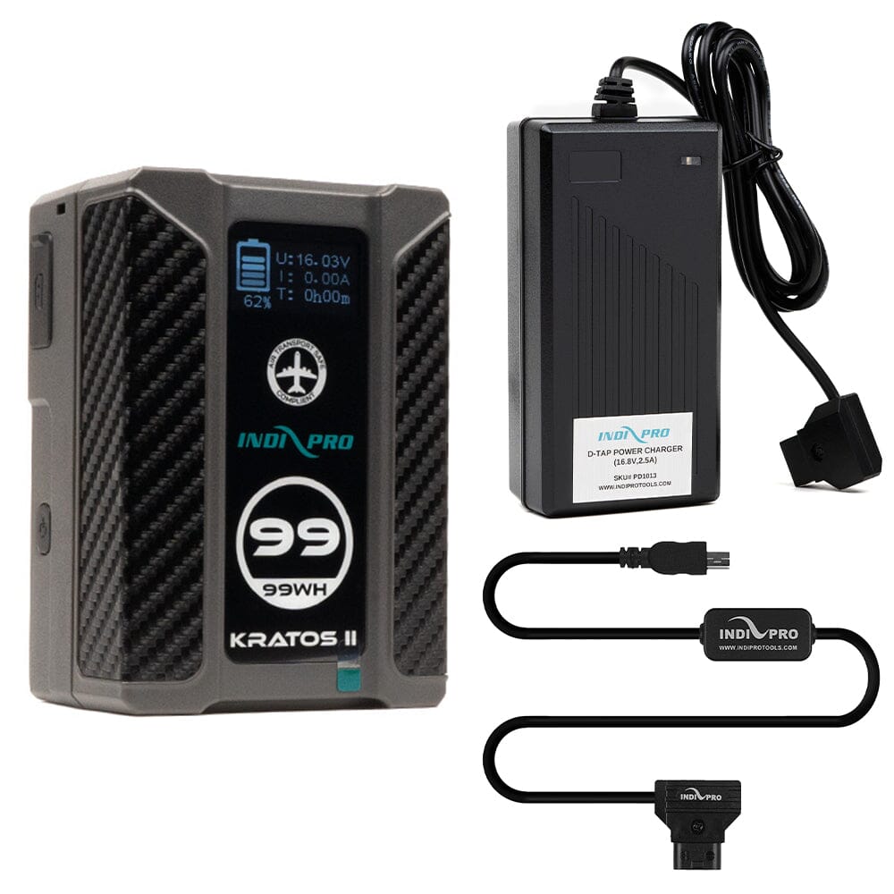 Indipro Kratos 99Wh V-Mount Battery, Charger & D-Tap to Mini USB Connector Bundle