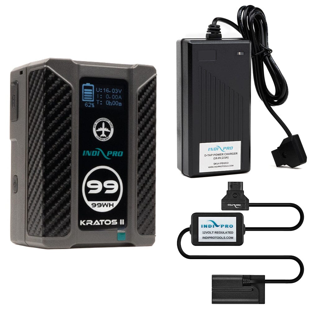 Indipro Kratos 99Wh V-Mount Battery, Charger & D-Tap to Sony NP-F Battery Bundle