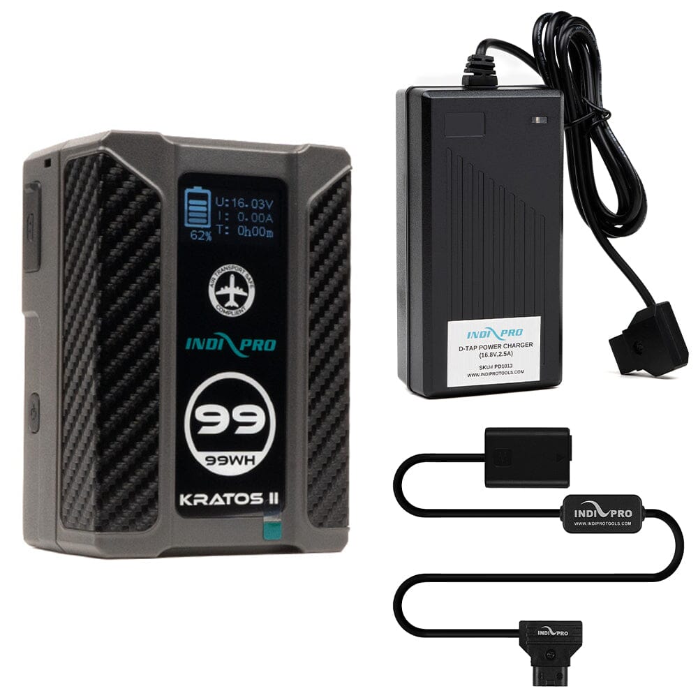 Indipro Kratos 99Wh V-Mount Battery, Charger & D-Tap to Sony NP-FW50 Battery Bundle