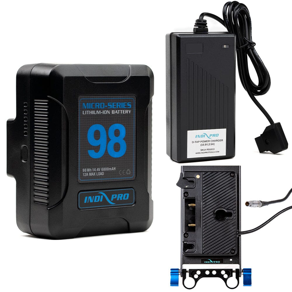 Indipro Micro Series 98Wh Gold Mount Battery, Charger & Gold Mount Plate for Blackmagic PYXIS Bundle