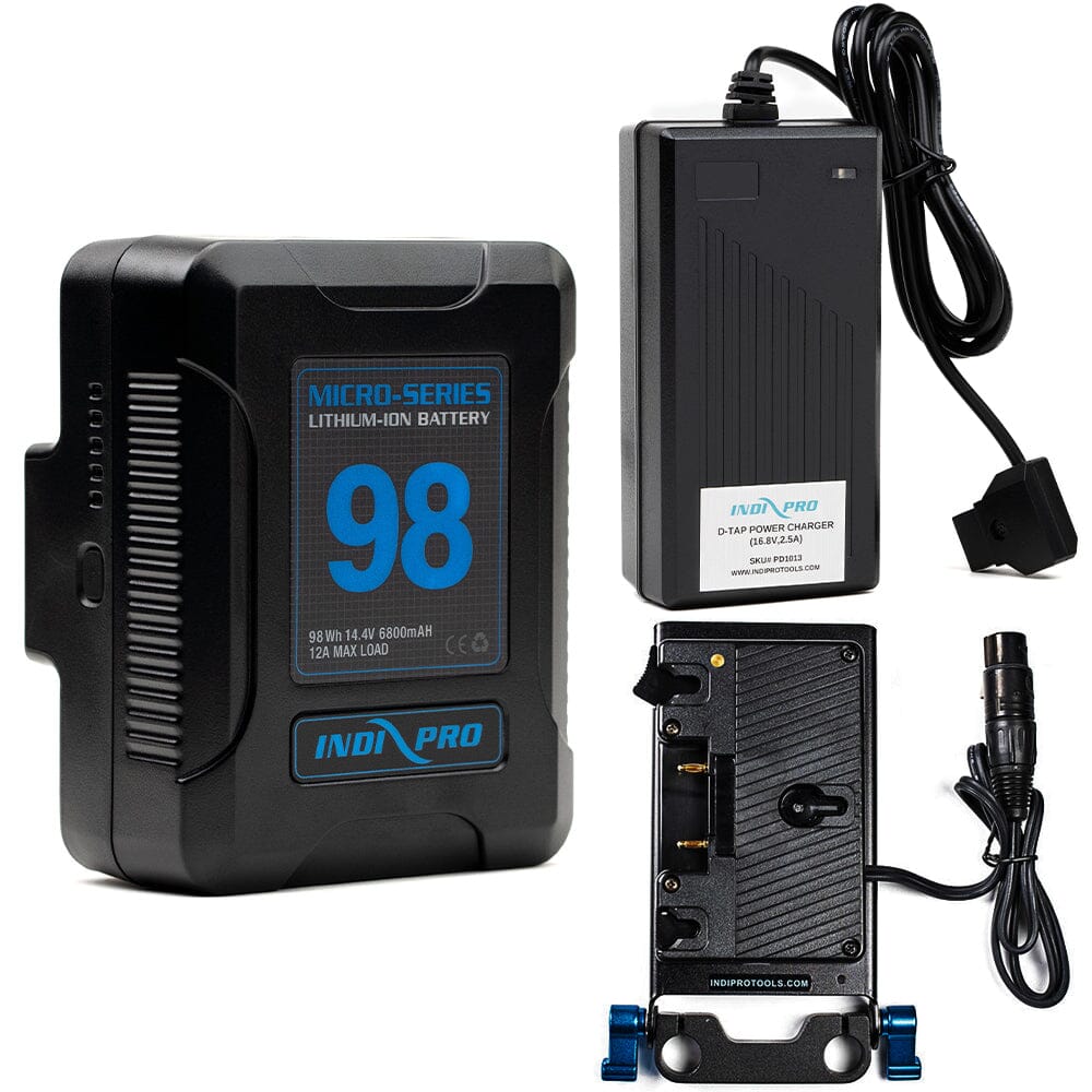 Indipro Micro Series 98Wh Gold Mount Battery, Charger & Gold Mount Plate to 4-Pin XLR Connector Bundle