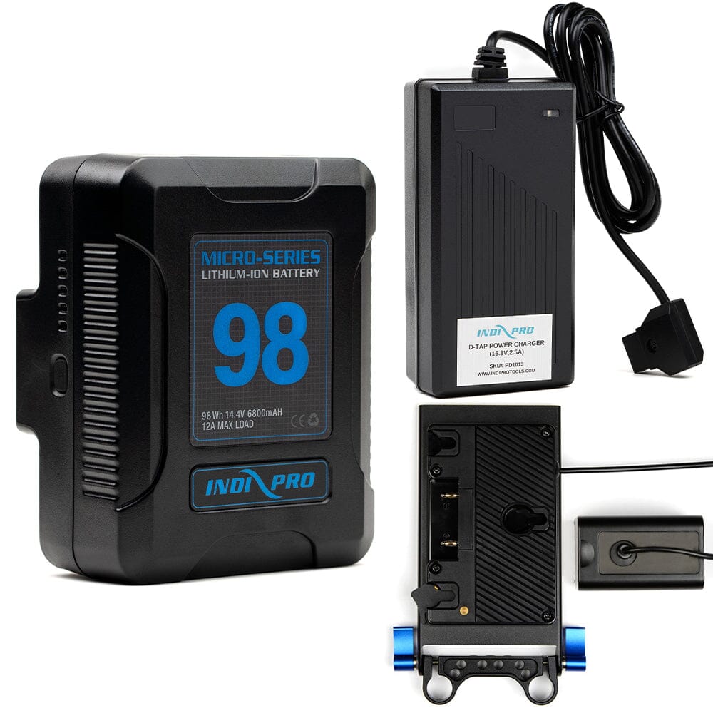 Indipro Micro Series 98Wh Gold Mount Battery, Charger & Gold Mount Plate to Panasonic VW-VBD58 Battery Bundle