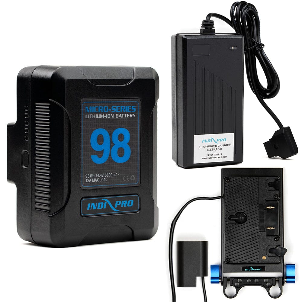 Indipro Micro Series 98Wh Gold Mount Battery, Charger & Gold Mount Plate to Pansonic DMW-BLF19 Battery Bundle