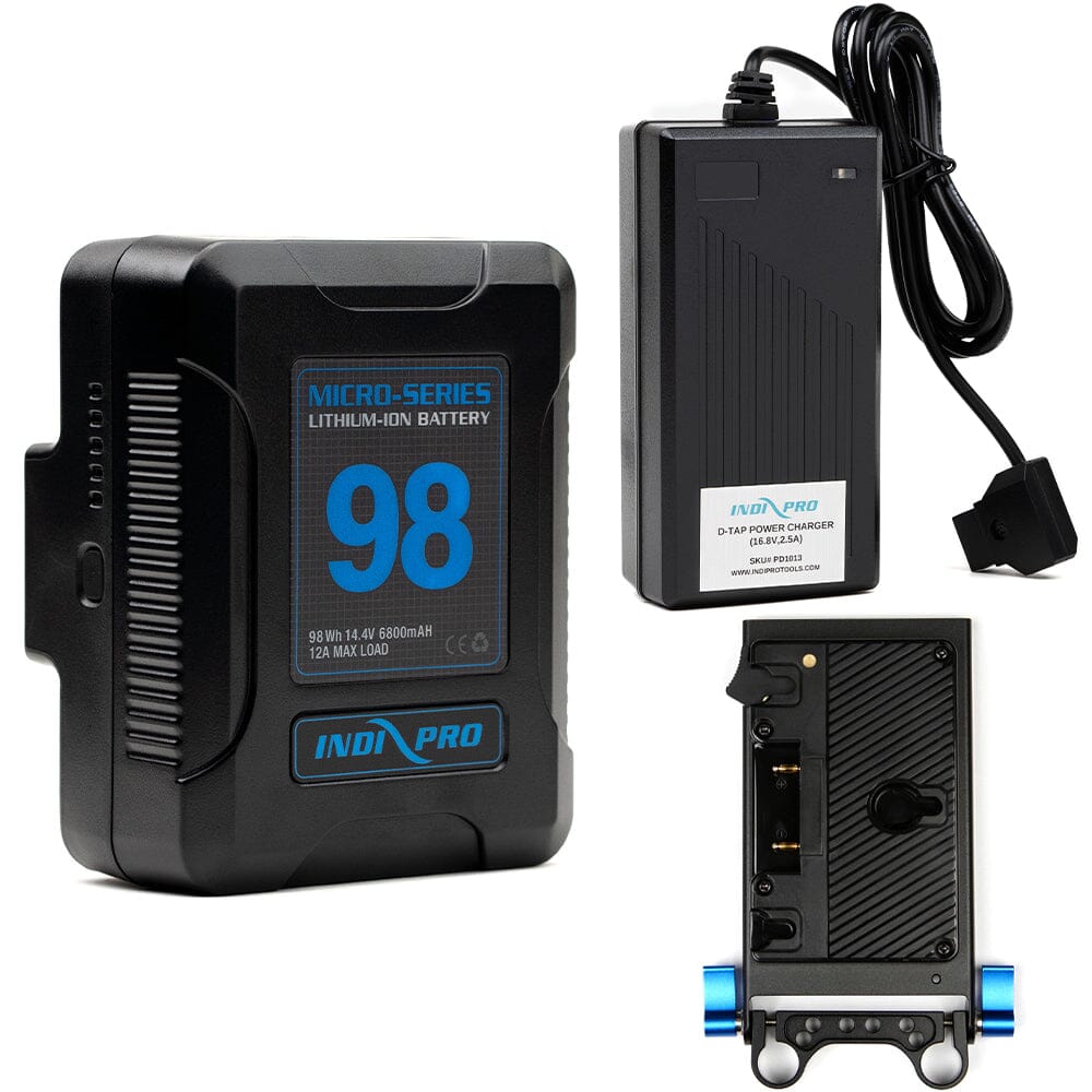 Indipro Micro Series 98Wh Gold Mount Battery, Charger & Gold Mount Plate with D-Tap Output Bundle