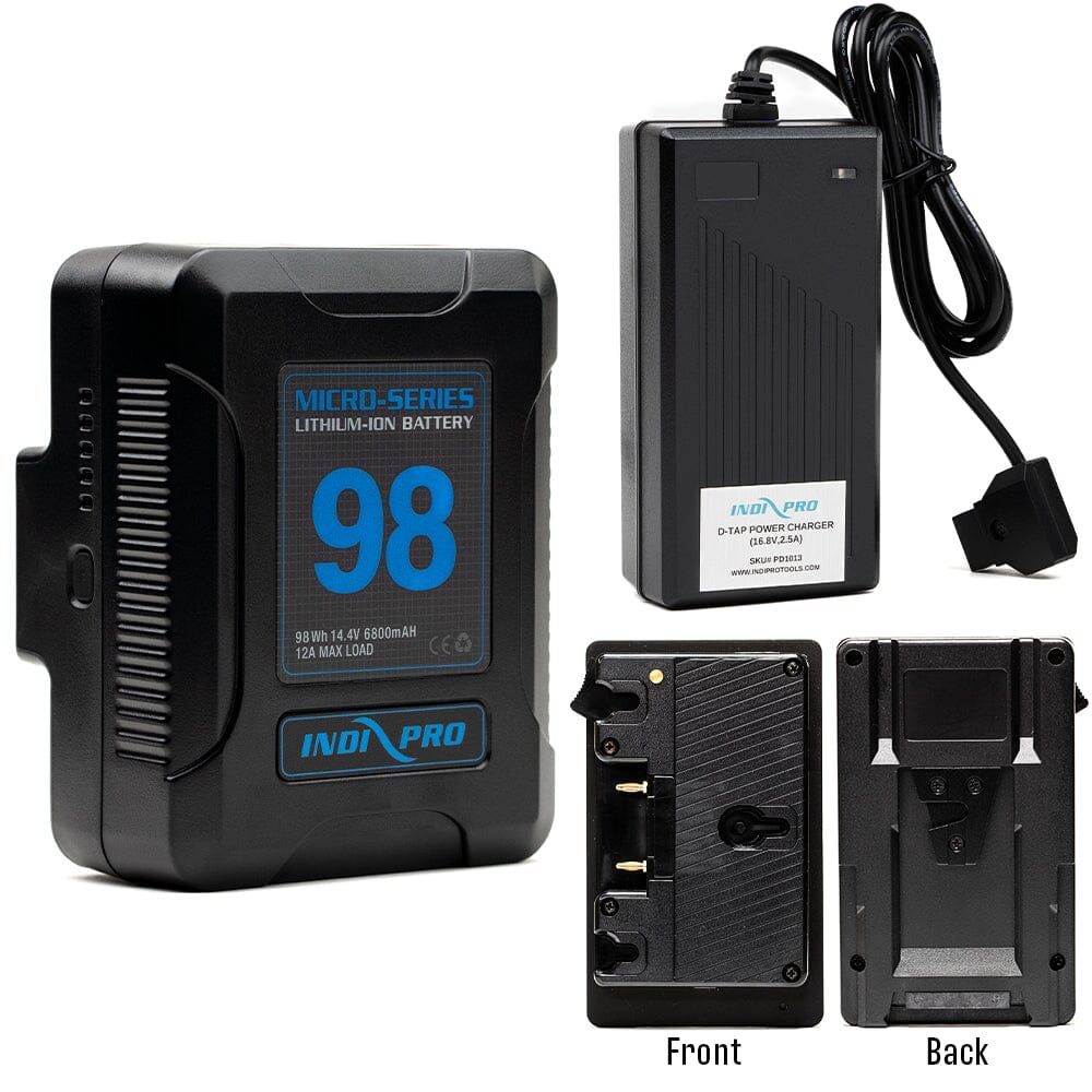 Indipro Micro Series 98Wh Gold Mount Battery, Charger & Gold Mount to V-Mount Battery Plate Converter Bundle