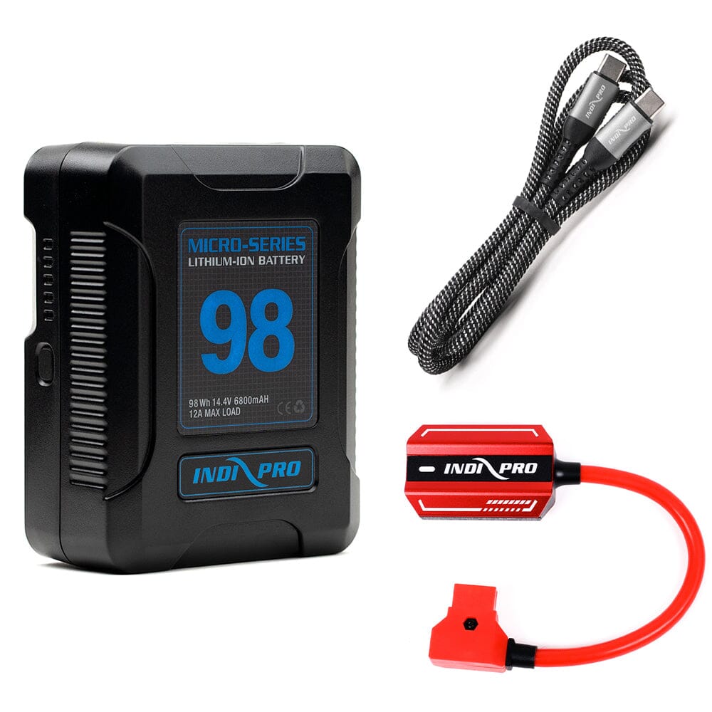 Indipro Micro Series 98Wh V-Mount Battery, Bi-Directional Quick Charger & Type-C USB to Type-C USB Bundle
