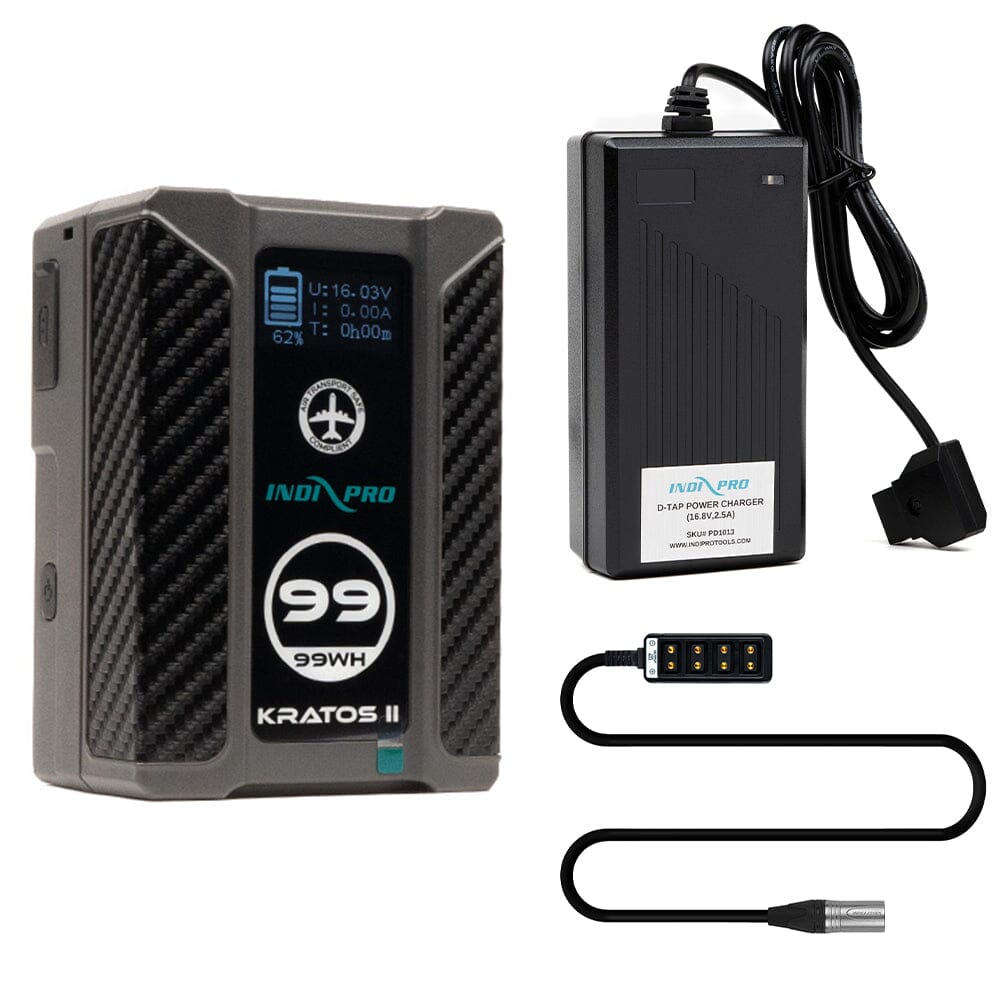 Indipro Kratos 99Wh V-Mount Battery, Charger & 3-Pin Male XLR to 4 Way D-Tap Splitter Bundle