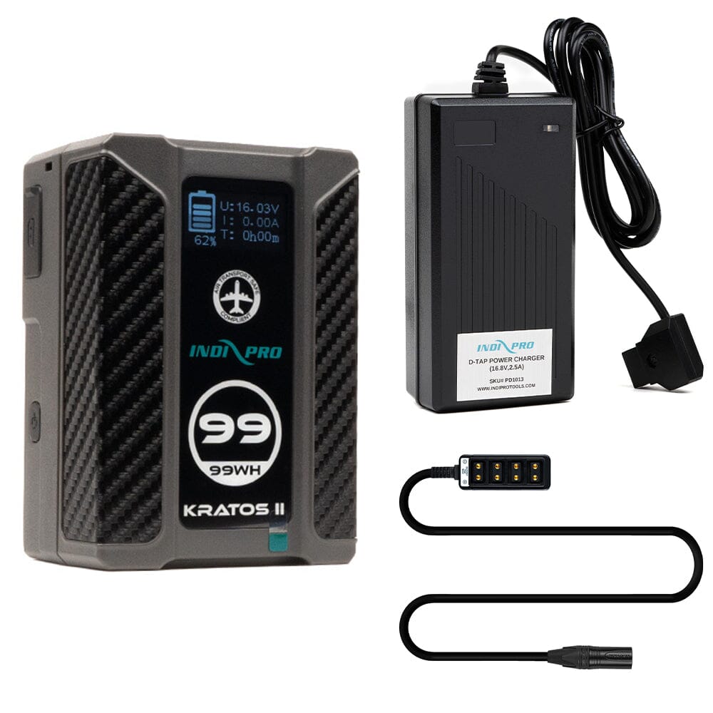 Indipro Kratos 99Wh V-Mount Battery, Charger & 4-Pin Male XLR to 4 way D-Tap Splitter Bundle