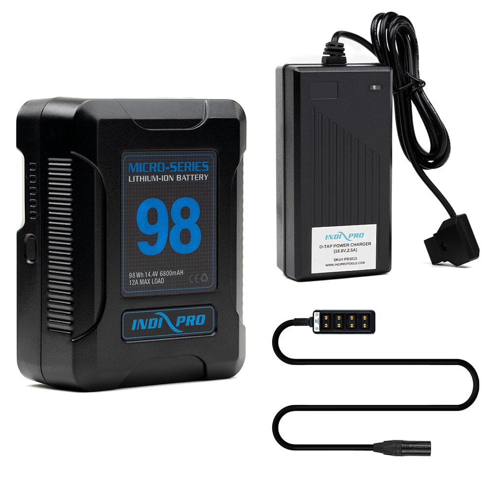 Indipro Micro Series 98Wh V-Mount Battery, Charger & 4-Pin Male XLR to 4 way D-Tap Splitter Bundle