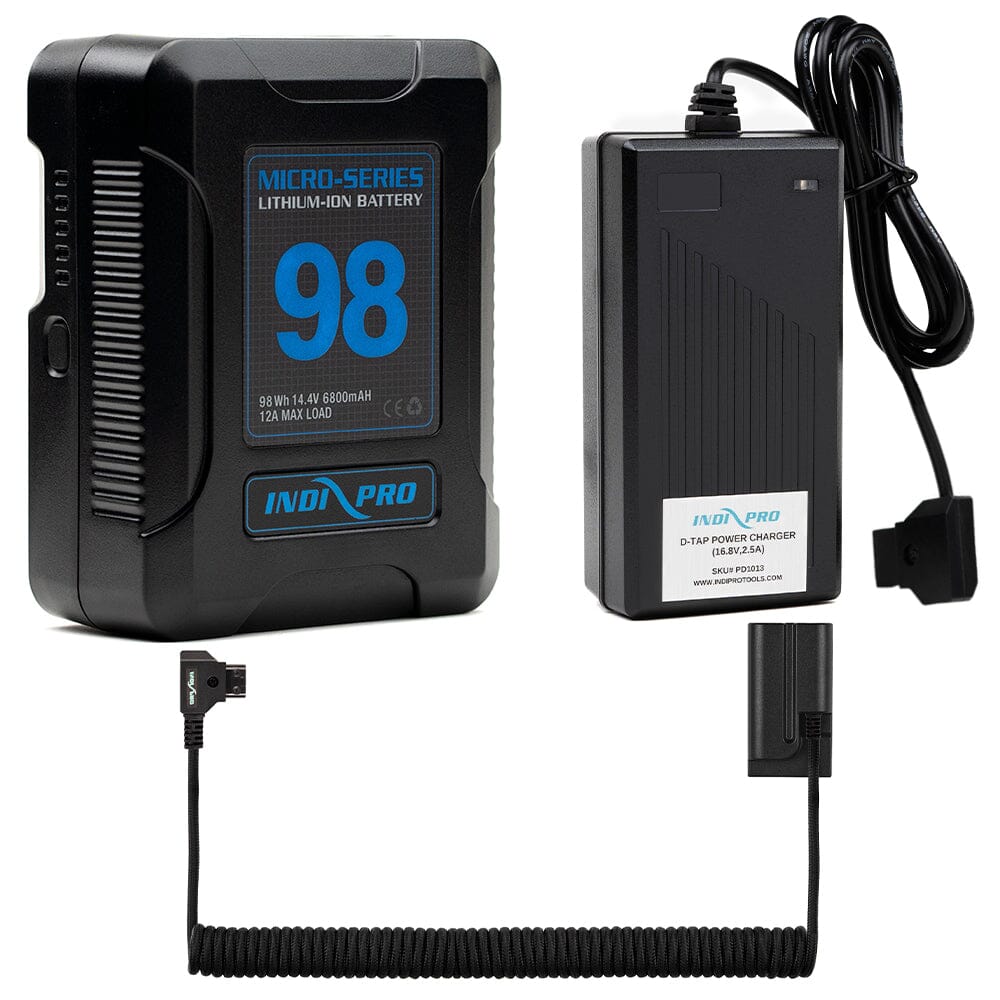 Indipro Micro Series 98Wh V-Mount Battery, Charger & Braided Coiled D-Tap to Sony NP-F Battery Bundle
